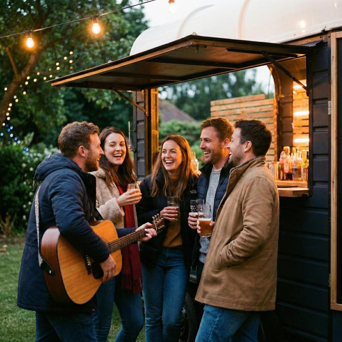 Friends gathering around the horse box bar at an evening event