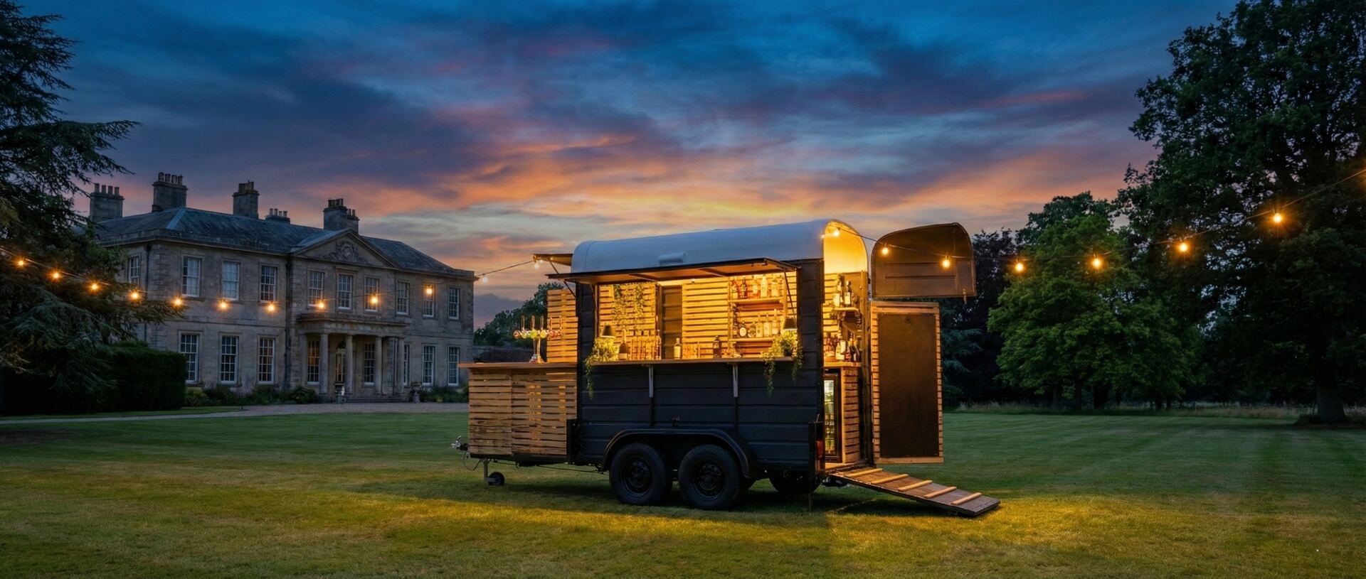 Vintage horse box bar at outdoor event in Northamptonshire
