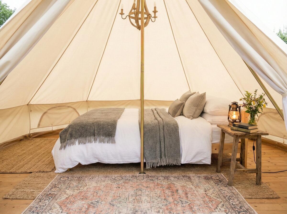 Luxury bell tent interior with quality bedding and warm lighting