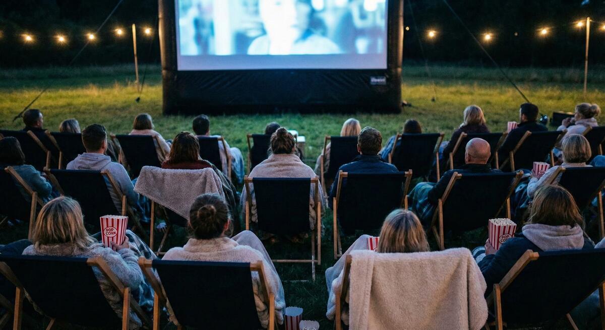 Audience seated watching an outdoor cinema screening at night