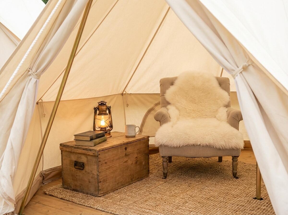 Pre-pitched camping tent set up and ready for guests during the day