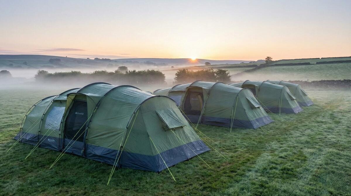 Pre-pitched tents in a misty morning field setting